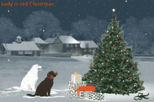 a lady in red christmas poster with two dogs
