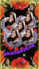 a picture of a woman surrounded by flowers and the words " walaikumsalam " on the bottom