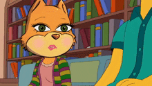 a cartoon of a cat sitting next to a man