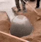 a person is digging a hole in the ground with a shovel and a large ball .
