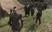 a group of orcs are standing in a grassy field and one of them is named azgoth