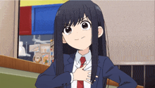 a girl with long black hair is wearing a suit and red tie