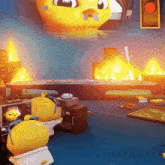 a cartoon duck is sitting on a toilet in a room with fires