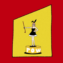 a cartoon of a woman in a graduation cap and gown holding a book on a pedestal that says pow