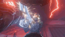 a video game character is holding a sword in his hand