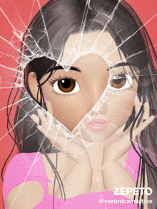 a cartoon girl behind a broken glass with the name zepeto