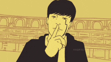 a drawing of a man with his finger on his chin and the word andreet at the bottom left