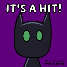 a picture of a black cat with green eyes and the words it 's a hit very very very very lucky black cat
