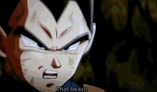 a close up of a dragon ball z character 's face with the words that beast written below it .