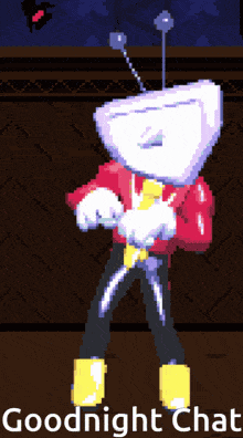 a pixel art drawing of a person with the words goodnight chat below