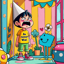 a cartoon boy wearing a yellow shirt that says au retour wiwi