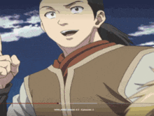 a cartoon of a man with a red scarf around his neck and the words vinland saga cz on the bottom