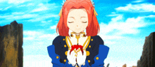 a girl with red hair is holding a red apple in her hands