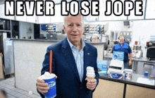 a man in a suit is holding an ice cream cone with the words never lose jope below him
