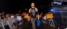 a man walking down a ramp with a sign that says kirk boyz on it