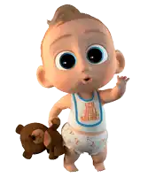 a cartoon baby with a bib that says ich will mehr