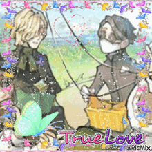a picture of two men fishing with the words true love in the bottom right corner