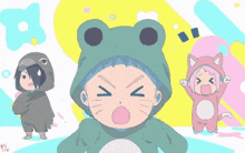 a group of baby naruto characters are wearing frog costumes .