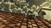 a man is crawling on a tiled roof with a cloudy sky in the background