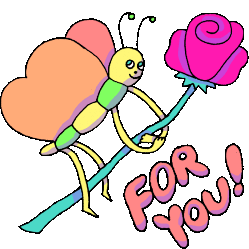 Butterfly Holding A Flower Says "For You" In English. Sticker - Wiggly Squiggly Cuties For Your Flower Stickers
