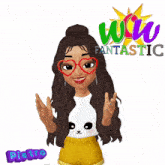 a cartoon girl with glasses and the words wow fantastic