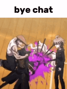 a group of anime characters are fighting each other on a wooden floor with the words `` bye chat '' above them .