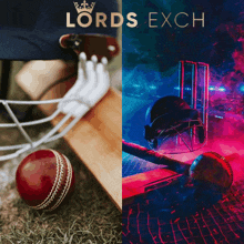 a poster for lords exch showing a cricket bat and ball