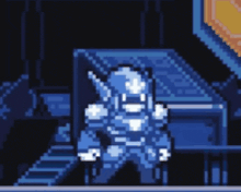 a pixel art drawing of a robot standing next to a machine in a dark room .