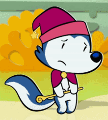 a cartoon skunk wearing a hat and holding a wand
