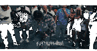 a group of people are dancing in front of a sign that says fostrax + ima