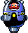 a pixel art drawing of a robot with a man in it 's helmet .