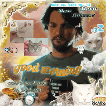 a man holding a mug that says show me your kittens on it