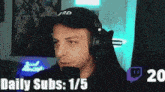 a man wearing headphones and a hat is talking into a microphone with the words daily subs : 1/5 above him