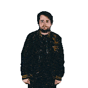 a man with a beard wearing a black and gold jacket
