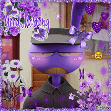 a picture of a purple bunny with the words good morning written above it