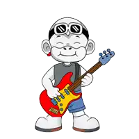 a cartoon character holding a red guitar with the word zhot on it