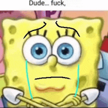 spongebob squarepants is crying with tears running down his face while holding a stick .