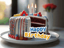 a birthday cake with a slice taken out of it