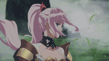 a girl with pink hair and a ponytail is wearing armor