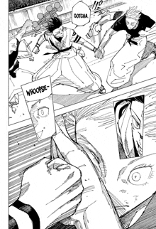 a black and white drawing of a group of people fighting each other in a karate match .