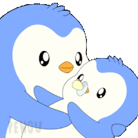 a cartoon penguin is holding a baby penguin with a pacifier