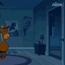 a cartoon of a horse standing in a room with a nick logo