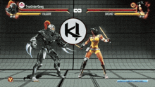 a video game screen shows a robot and a woman fighting each other and the robot is named trueunderdawn