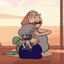 a cartoon character is hugging another cartoon character while sitting on the floor .