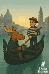 a moose in a gondola next to a man in a striped shirt