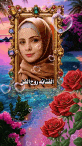 a picture of a woman in a hijab is surrounded by roses and bubbles