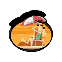 a sticker for ease the grind shows a man sitting under an umbrella
