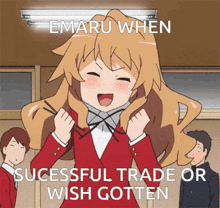 a picture of a girl with a caption that says emaru when successful trade or wish gotten