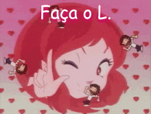 a girl with red hair is surrounded by red hearts and the words faça o l.