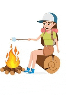 a woman is sitting on a log grilling marshmallows over a campfire .